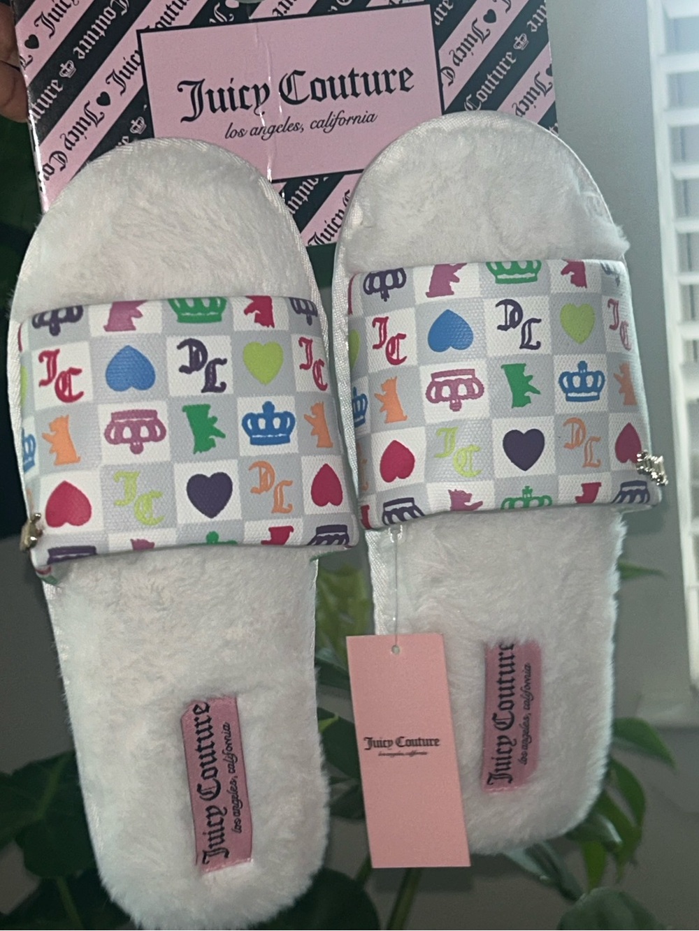 Juicy Couture White Fuzzy Slide Sandals with Multicolor Logo Icons